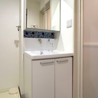 福岡市中央区平尾の賃貸物件/小賢しくも悪気のないタイルな洗面台と脱衣所。