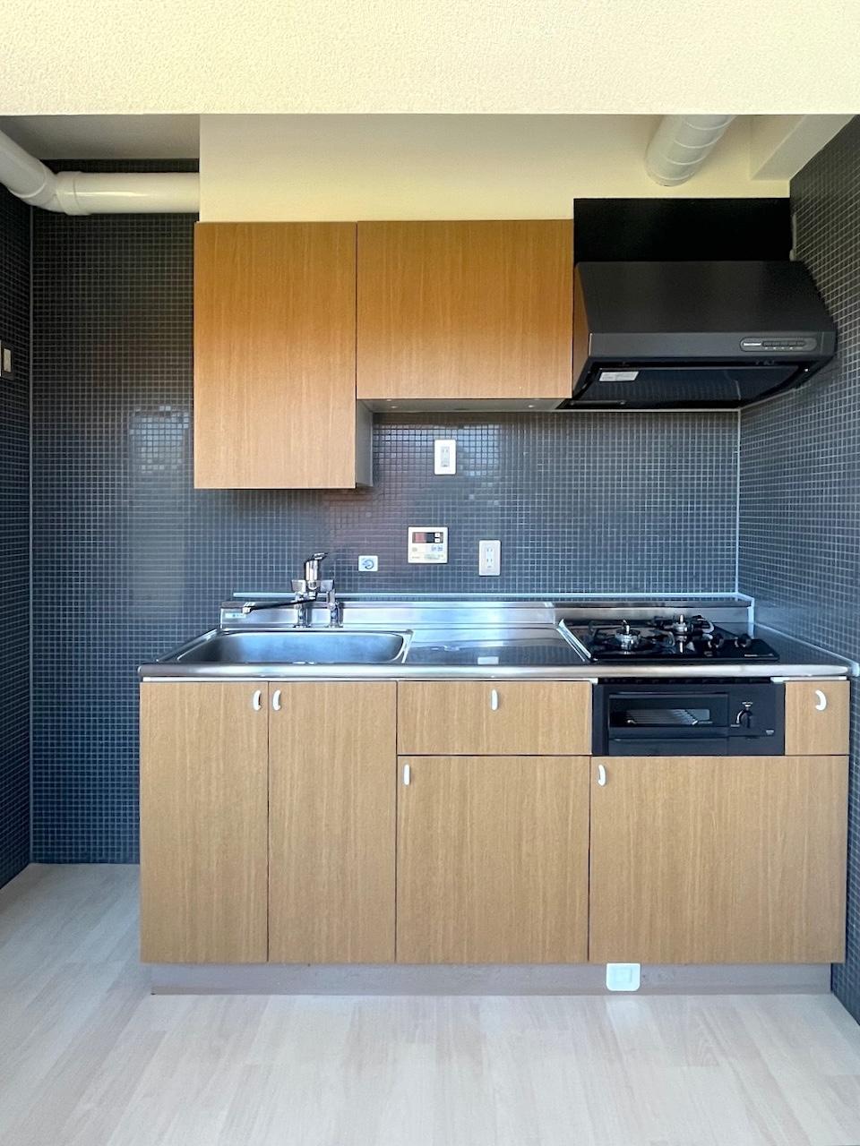 福岡市早良区西新の賃貸物件/キッチンはシックなタイル。