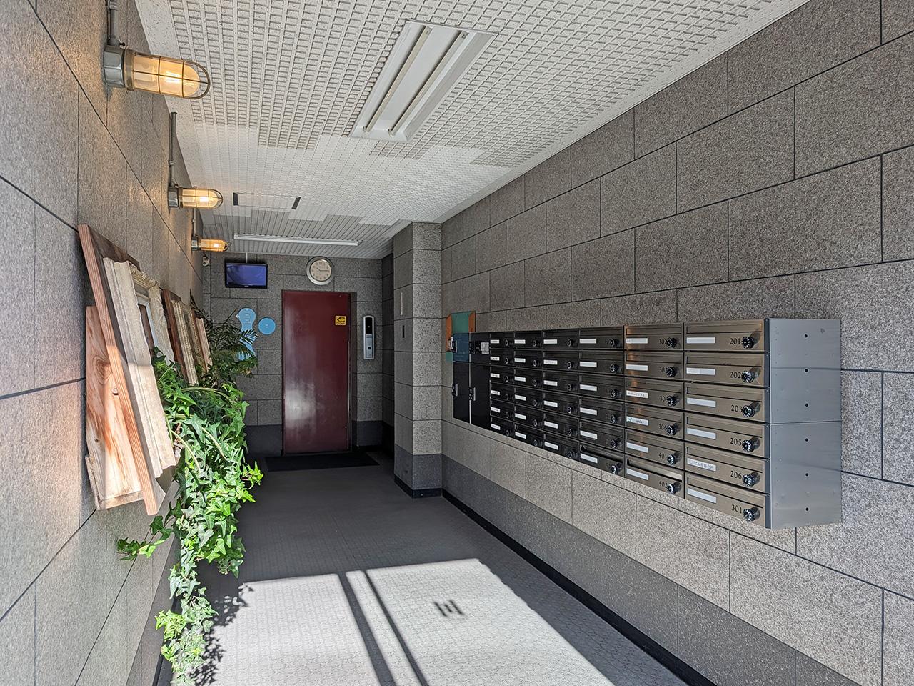 福岡市南区清水の賃貸物件/グリーンが飾られたエントランス。