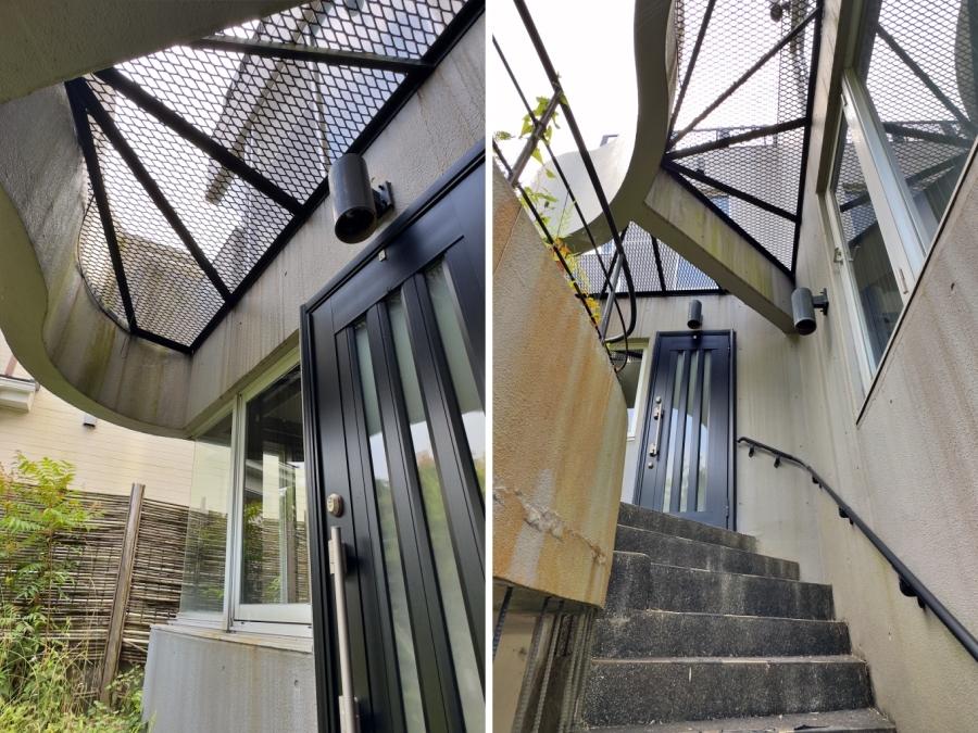 鎌倉市笛田五丁目の売買物件/左：玄関ポーチ｜右：地下カースペースより玄関ポーチへ