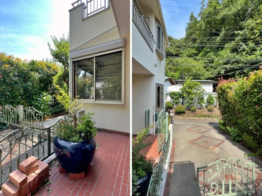 逗子市山の根二丁目の賃貸物件/左：玄関ポーチ。奥にはガーデニングできるスペースも｜右：駐車スペース