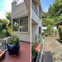 逗子市山の根二丁目の賃貸物件/左：玄関ポーチ。奥にはガーデニングできるスペースも｜右：駐車スペース