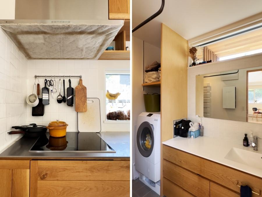 鎌倉市西御門一丁目の賃貸物件/左：ミーレの4口IHコンロ｜右：洗面台の上にもハイサイドライト