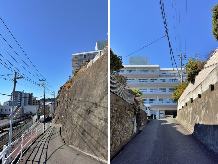 逗子市山の根一丁目の賃貸物件/坂を上りきった先に白亜のマンションが建っています