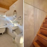 鎌倉市稲村ガ崎二丁目の賃貸物件/左：トイレと風呂｜右：階段の壁は合板で良い味出てます