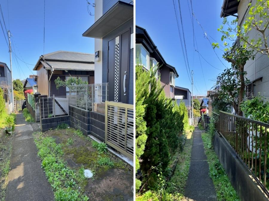鎌倉市台の賃貸物件/左：正面玄関｜ポーチ前に自転車を3台ほど停めるスペースあり｜右：家の前面道路