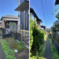 鎌倉市台の賃貸物件/左：正面玄関｜ポーチ前に自転車を3台ほど停めるスペースあり｜右：家の前面道路