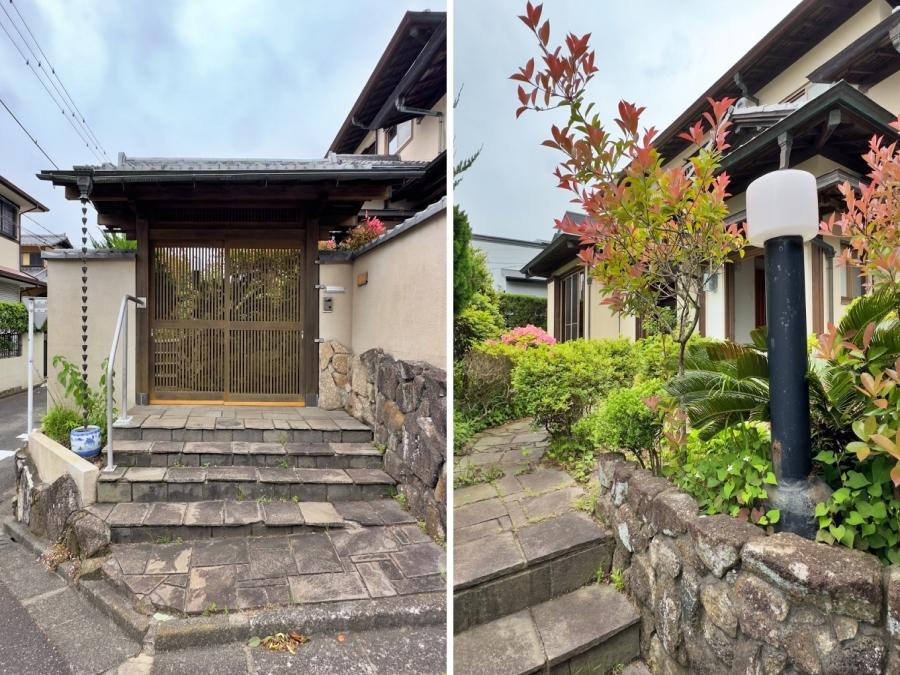 葉山町堀内の売買物件/左：敷地に入る門｜右：門をくぐり階段を上ると玄関に着きます