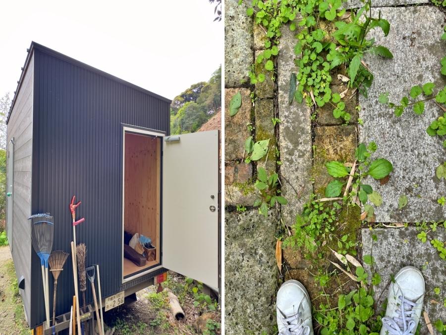 鎌倉市長谷三丁目の売買物件/左：トレーラーハウスは収納も付いています｜右：ステージ2のレンガ