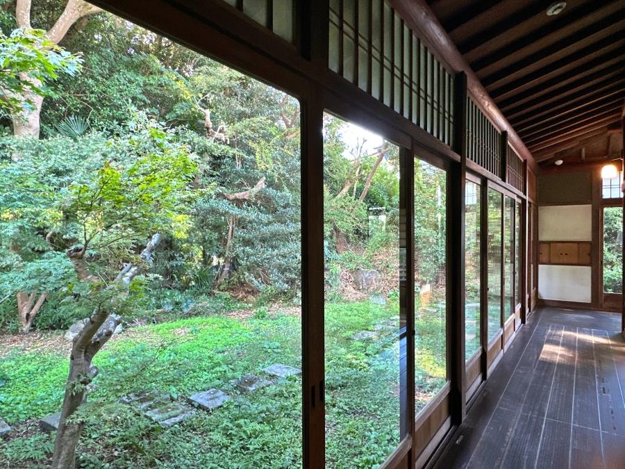 葉山町下山口の売買物件/縁側｜空気のゆらめきを閉じ込めたような吹き板ガラスに、庭の緑が反射して静謐な雰囲気が漂っています