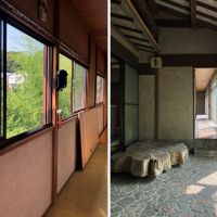 鎌倉市大町六丁目の売買物件/2階廊下｜1階土間｜1階土間には巨大な切り株が。室内なのに庇のようなものがある不思議なつくり。