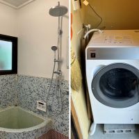 鎌倉市扇ガ谷四丁目の賃貸物件/風呂｜洗濯機置場｜タイル貼の浴槽とオーバーヘッドシャワーのコントラストがいけてます。