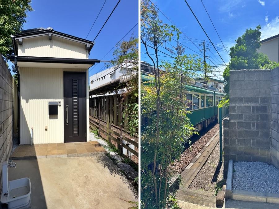 鎌倉市由比ガ浜三丁目の賃貸物件/左：玄関前には外水栓付きのスペース｜右：玄関から江ノ電