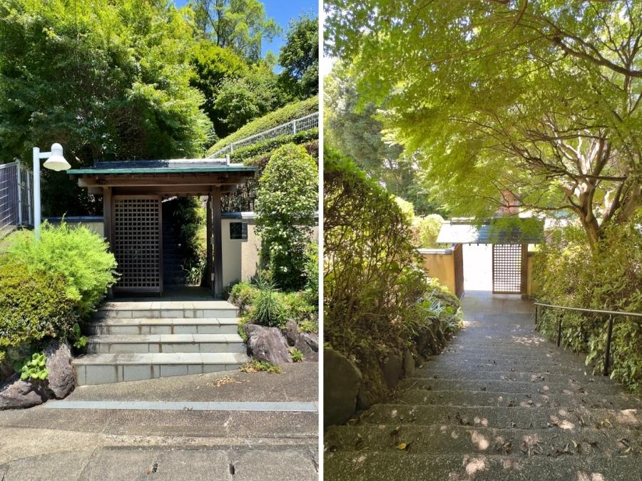 足柄下郡湯河原町宮上の売買物件/左：入口の門｜右：門をくぐって階段を上って振り返った図