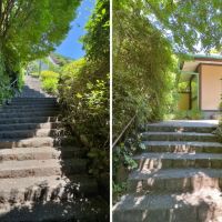 足柄下郡湯河原町宮上の売買物件/左：どんどん階段を上っていくと｜右：玄関に辿り着きます
