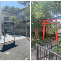 鎌倉市材木座三丁目の賃貸物件/周辺環境│左：地域の掲示板　右：建物前の路地を進むと音松稲荷社