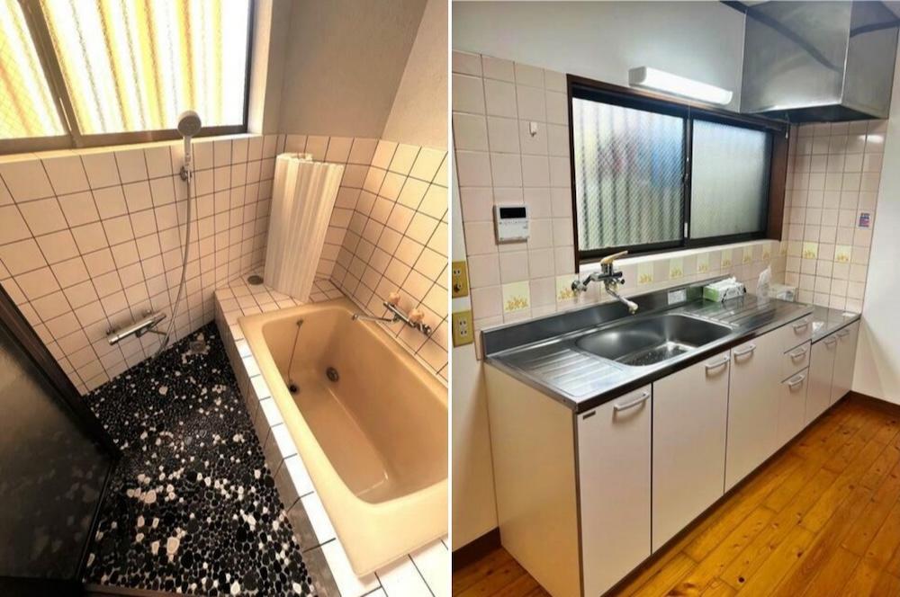 鎌倉市大町二丁目の賃貸物件/浴室とキッチンはそれぞれ昭和なテイスト