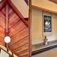 葉山町上山口の売買物件/左：南側の廊下の角から天井を見上げる｜右：床の間と付け書院（ここの書院欄間が特に美しい）