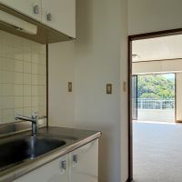 葉山町一色の賃貸物件/キッチン｜ここからもリビングを通して山の緑が見えます。