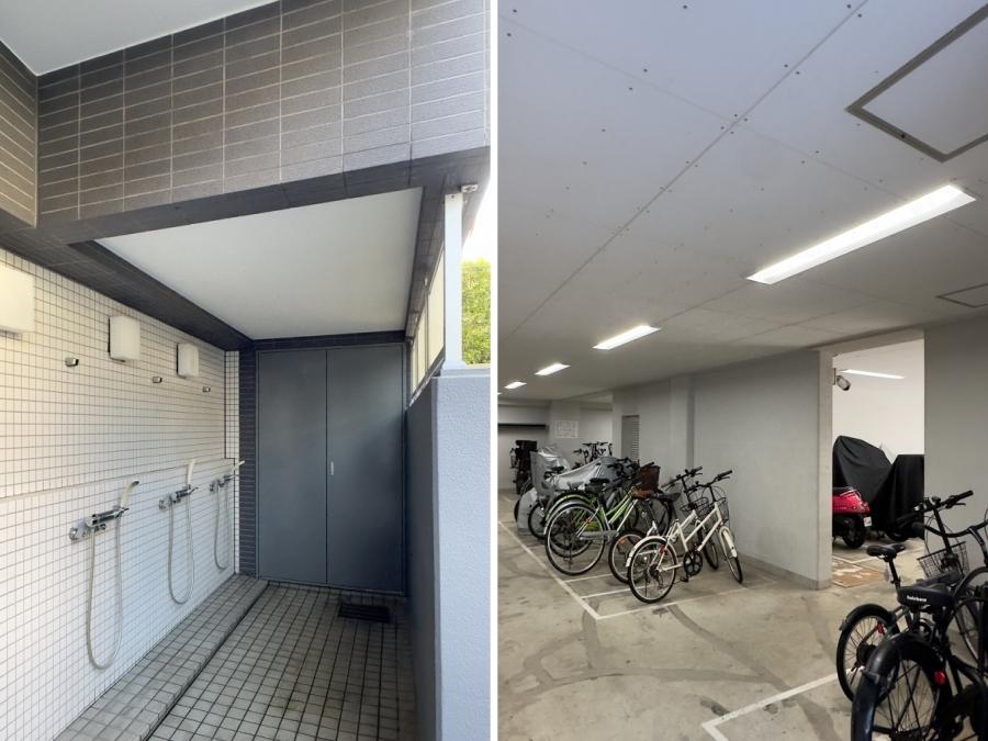 鎌倉市坂ノ下の売買物件/左：共有の外シャワー｜右：駐輪場
