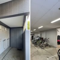 鎌倉市坂ノ下の売買物件/左：共有の外シャワー｜右：駐輪場