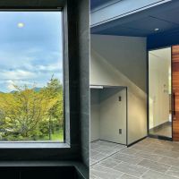 長野県北佐久郡軽井沢町の売買物件/左：浴室の窓からの風景｜右：A棟のエントランス（左下は薪置き場）