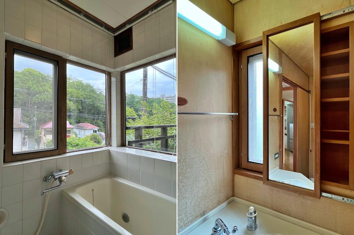 静岡県伊東市宇佐美の売買物件/左：浴室からは大きな窓が開放的｜右：洗面化粧台の木枠の窓と収納を横移動する鏡