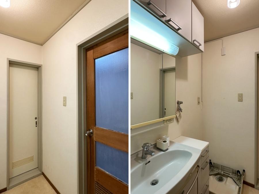 中郡大磯町大磯の売買物件/左：手前の浴室のドアが木製というのがいい｜右：洗面台