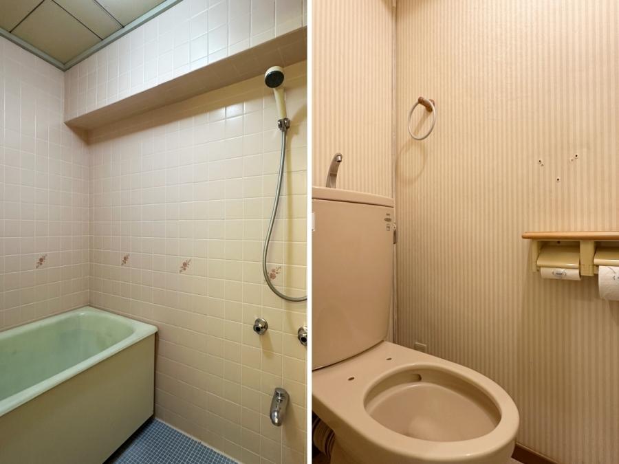 中郡大磯町大磯の売買物件/左：風呂は在来｜右：トイレには便座がありませんでした