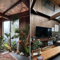 静岡県三島市山中新田の売買物件/左：玄関植物園は照明があたって天井にもリーフの影が揺れます｜右：ソファエリアは天井が高く開放的