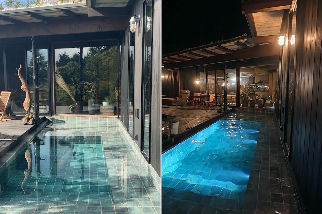 静岡県三島市山中新田の売買物件/左：日中の水盤の様子｜右：夜はムードがありありとしています（共に提供写真）