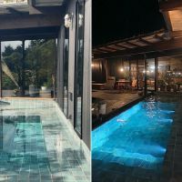 静岡県三島市山中新田の売買物件/左：日中の水盤の様子｜右：夜はムードがありありとしています（共に提供写真）