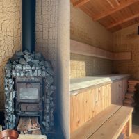 静岡県三島市山中新田の売買物件/ルーフバルコニーにあるサウナ小屋の内部｜ストーブがかっこいい（共に提供写真）