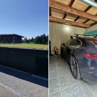 静岡県三島市山中新田の売買物件/左：外観は屋上緑化が魅力（提供写真）｜右：ガレージ内部（ここからキッチンに直通の勝手口があります）