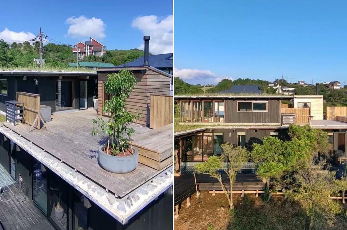 静岡県三島市山中新田の売買物件/ドローンで撮影した庭側からルーフバルコニーと建物全景を見る（提供写真）