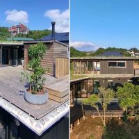 静岡県三島市山中新田の売買物件/ドローンで撮影した庭側からルーフバルコニーと建物全景を見る（提供写真）
