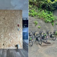 逗子市池子三丁目の売買物件/左：OSBボードにはトイレが隠れている｜右：団地の敷地内にあるレンタルサイクルステーション。自転車は東逗子、神武寺、どちらの駅にもステーションがある。