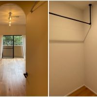 葉山町長柄の売買物件/寝室の入口側に大型のクローゼット。部屋につづく仕切りにはアーチ。