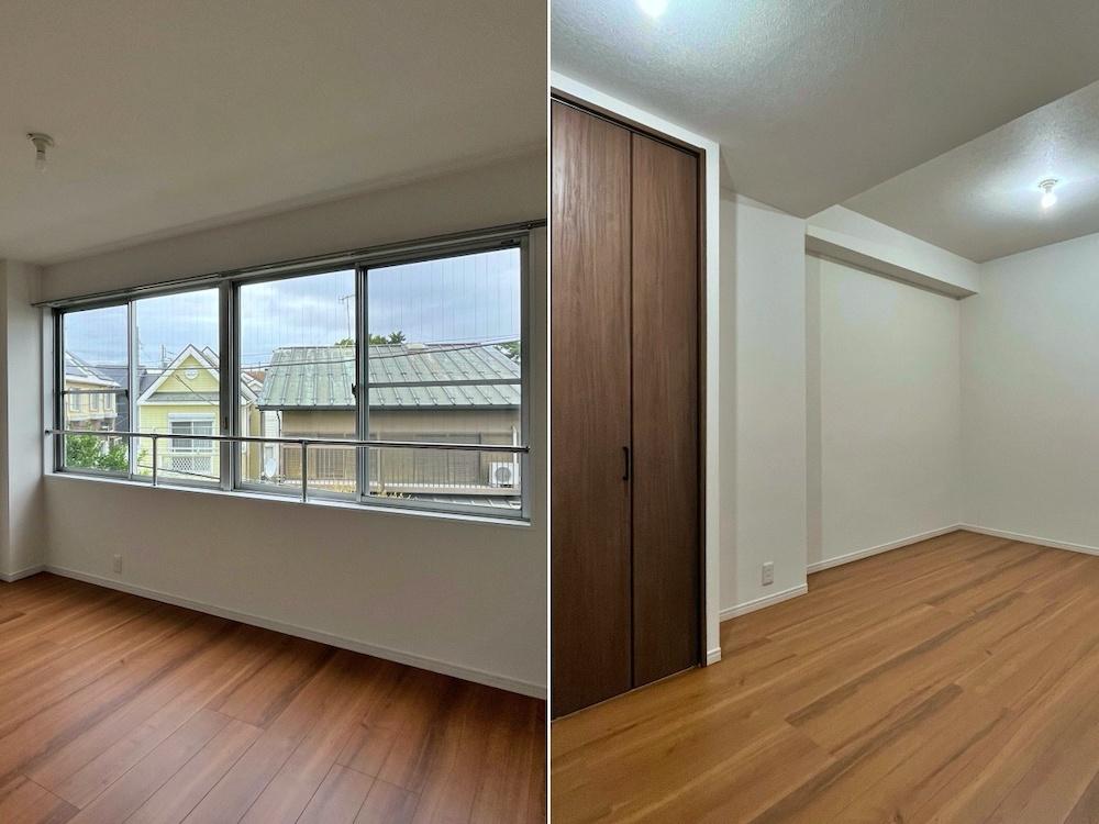 茅ヶ崎市東海岸南六丁目の売買物件/左:洋室7.6帖ワイドな窓をうまく使いこなしたい|右:真ん中の6.1帖洋室ここは収納倉庫のような使い方がよさそうです