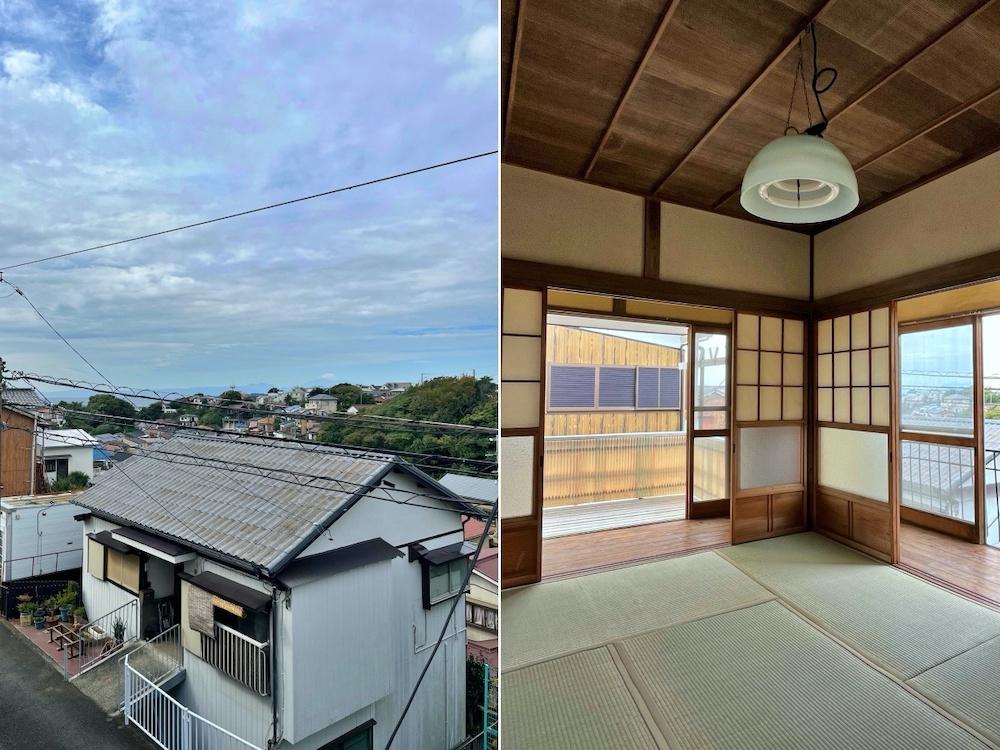 三浦市天神町の賃貸物件/左:これでも海が見えているんです!右:2階の6畳和室は寝室になるのかな。