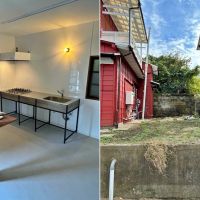 三浦市天神町の賃貸物件/キッチンは実は結構しっかりめの4口コンロ!庭にはなんとも言えないスペースもありますが車は高低差があるので入りません。