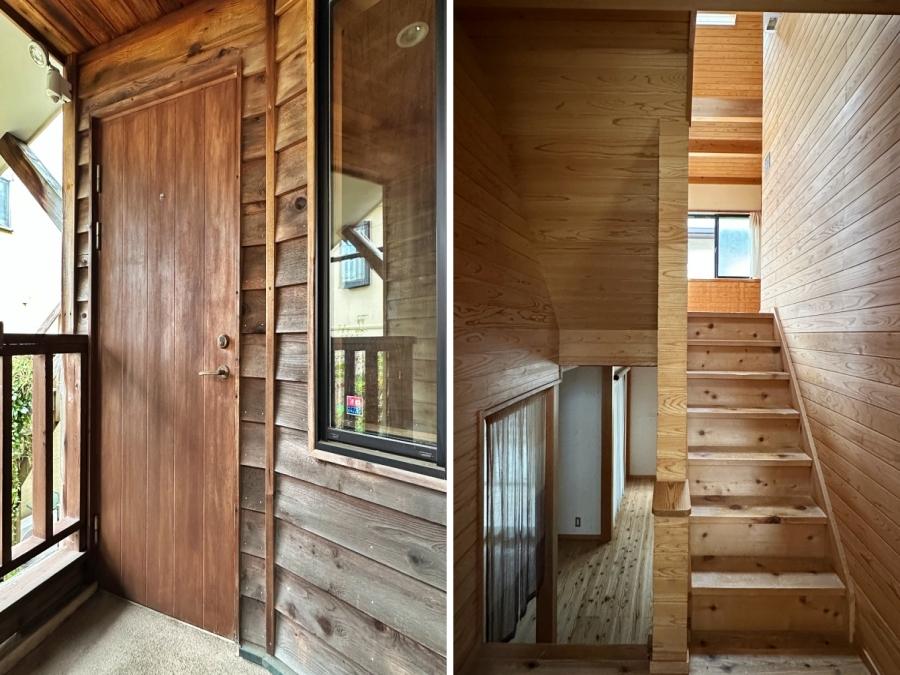 藤沢市鵠沼藤が谷三丁目の売買物件/左：玄関扉｜右：玄関入って上がリビング、下が洋室