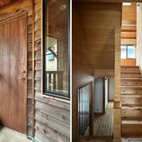 藤沢市鵠沼藤が谷三丁目の売買物件/左：玄関扉｜右：玄関入って上がリビング、下が洋室