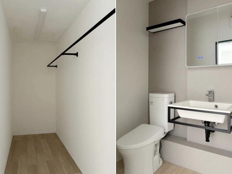 逗子市桜山九丁目の売買物件/左：奥行き十分のウォークインクローゼット｜右：新規のトイレ、洗面化粧台