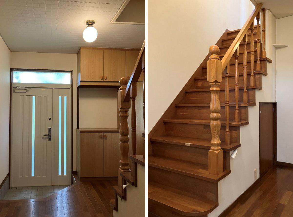 鎌倉市山ノ内の賃貸物件/玄関｜階段｜靴箱収納もしっかり。階段の木工作っぽい手摺がいい感じです。