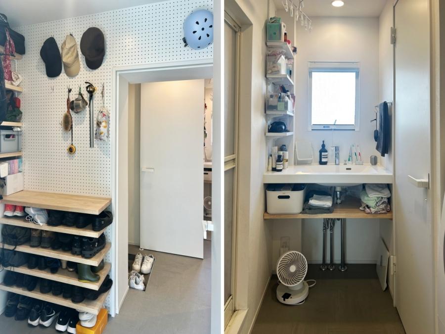 藤沢市辻堂西海岸二丁目の売買物件/左：手前左が収納スペース。その先が玄関で右に洗面室｜右：洗面室