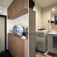 葉山町堀内の売買物件/左：玄関｜右：洗面