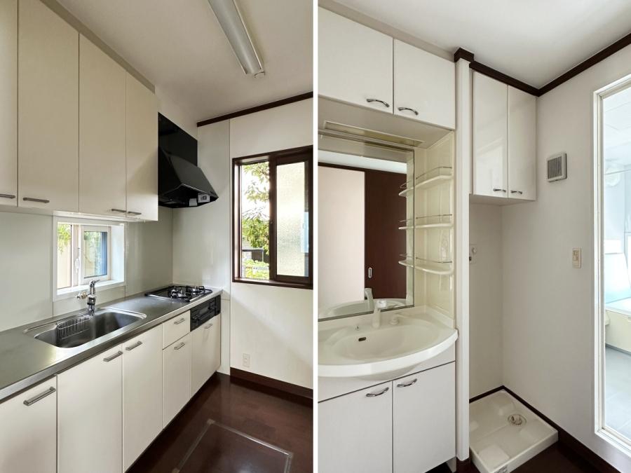 鎌倉市笹目町の賃貸物件/左：キッチンはウッドデッキ側にあります｜右：洗面