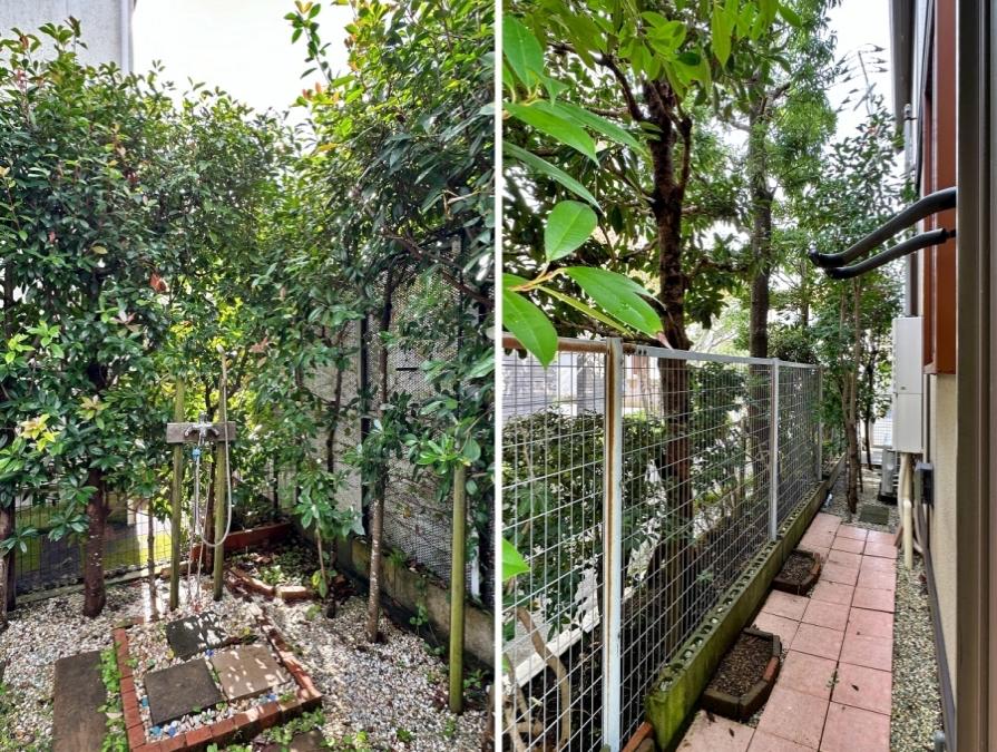 鎌倉市笹目町の賃貸物件/左：温水の出る外シャワー｜右：ボードラック