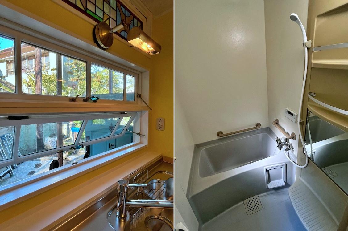 横須賀市秋谷一丁目の賃貸物件/左：二連横滑り出しの木製窓｜右：浴室はとってもシンプル